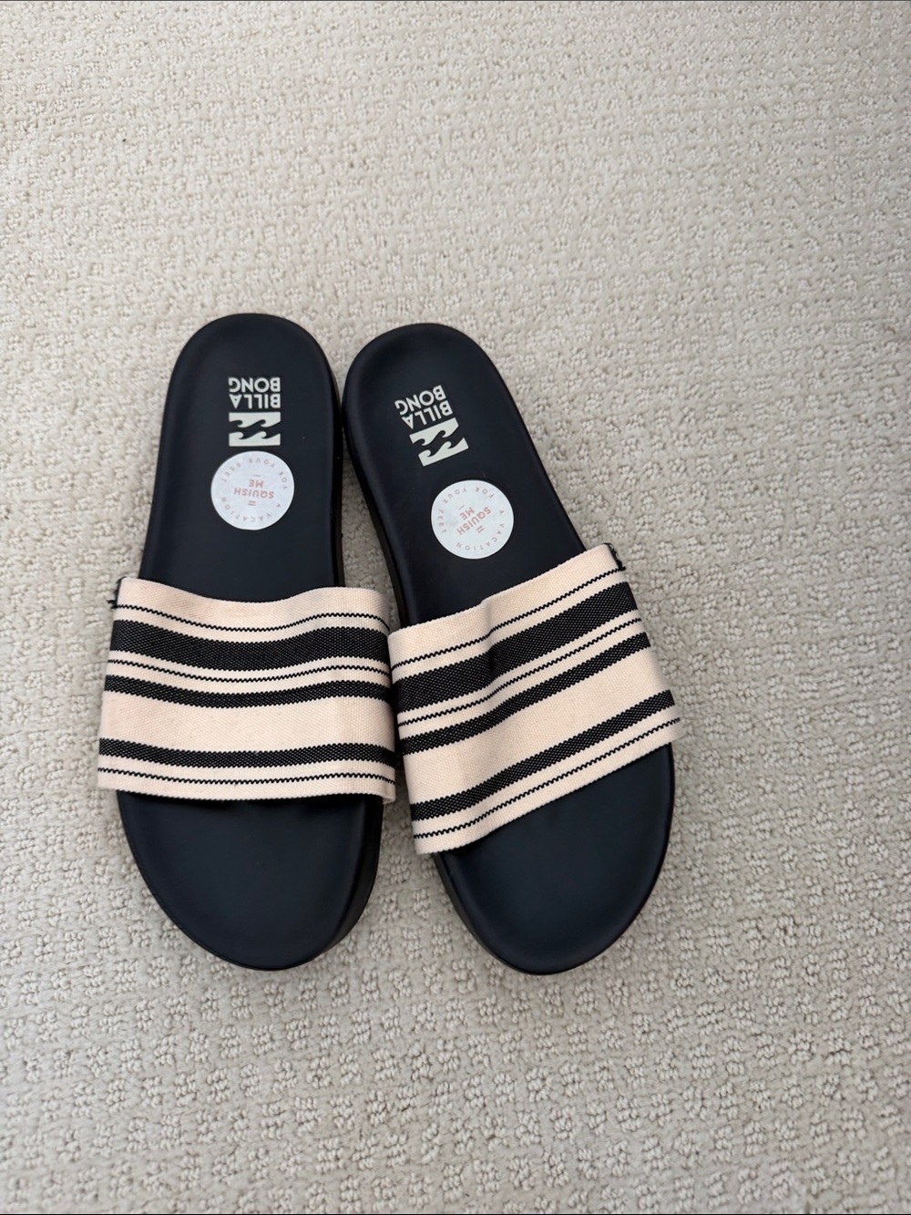 Billabong Black Slide Sandals with Cream and Black Striped Band